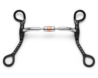 May include: Black and silver horse bit with a copper roller. The bit has a snaffle mouthpiece and a curb chain.
