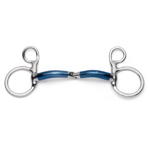 May include: A blue and silver horse bit with a loose ring and a single jointed mouthpiece. The bit is marked "CAVALOR" on the mouthpiece.