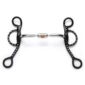 May include: Black and silver horse bit with a copper roller. The bit has a studded mouthpiece and two loose rings.
