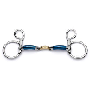 May include: A blue and gold horse bit with a loose ring on each end. The bit is made by the brand "CAVALON".