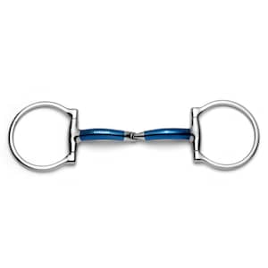 May include: A blue and silver horse bit with a D-ring design. The bit is made of stainless steel and has a blue enamel coating.
