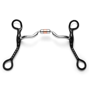 May include: A black and silver horse bit with a copper roller. The bit has a curved mouthpiece and two black rings on each end.