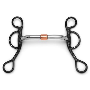 May include: A black and silver horse bit with a copper-colored center piece. The bit has a curved mouthpiece and a loop on each side. The bit is designed for equestrian use.