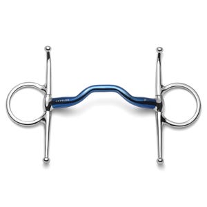 May include: A blue and silver horse bit with a curved mouthpiece and two rings. The bit is labeled "CAVALON".