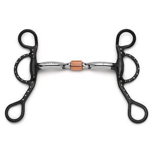 May include: A black and silver horse bit with a copper center piece. The bit has a curved design with a loop at each end and the word "CAVALON" is printed on the bit.