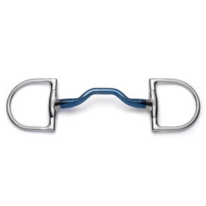 May include: A blue and silver horse bit with a curved mouthpiece and D-rings. The bit is marked "CAVALON".