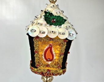 Lantern Street Light Beaded Ornament Street Lamp Sequins Christmas Handmade Vtg