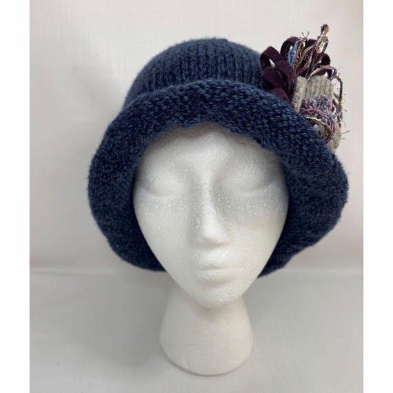 Denim Blue Knit Winter Cloche Hat Embellished Rolled Brim  display picture 2
