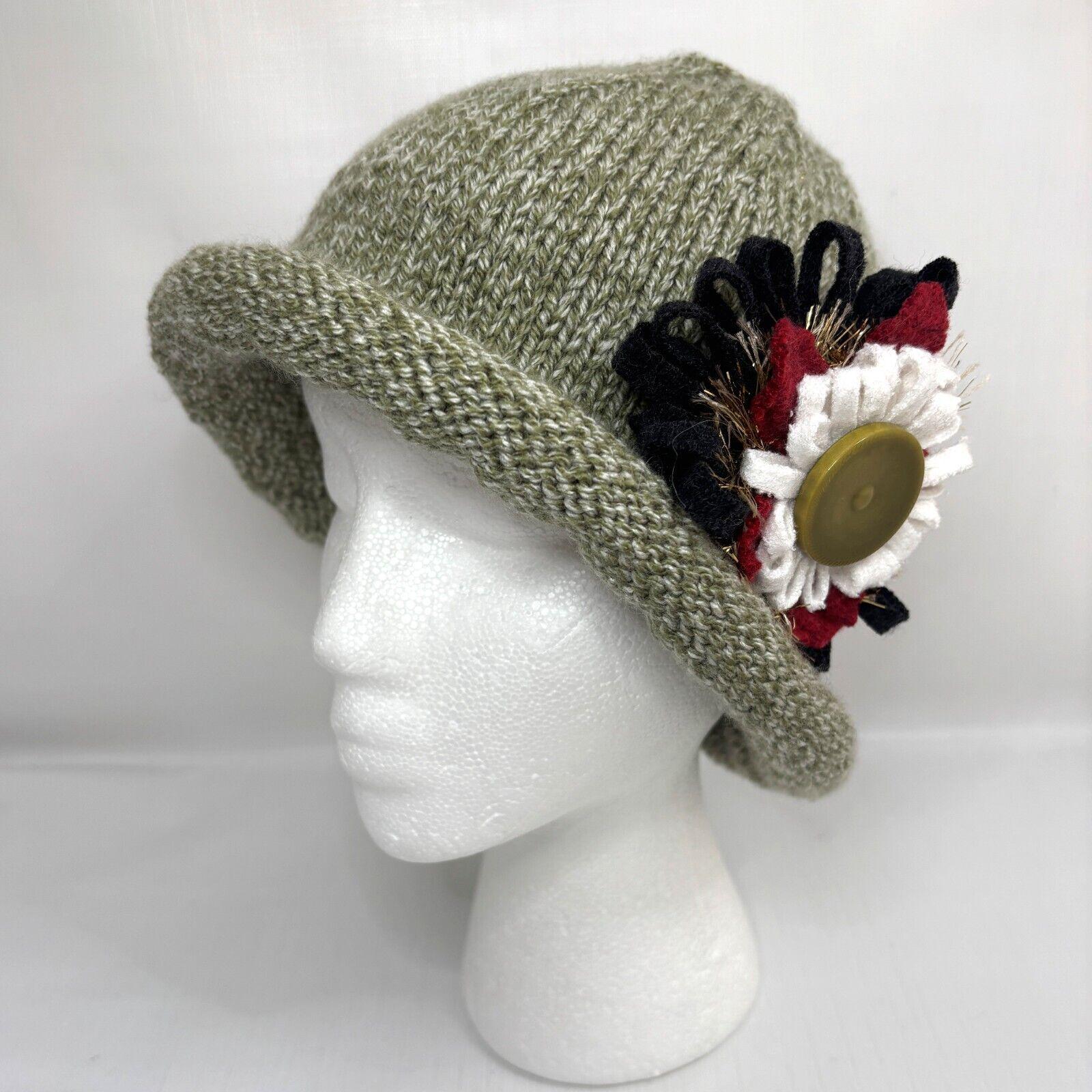 Green Knit Winter Cloche Hat Embellished Rolled Brim Boho Floral Handmade