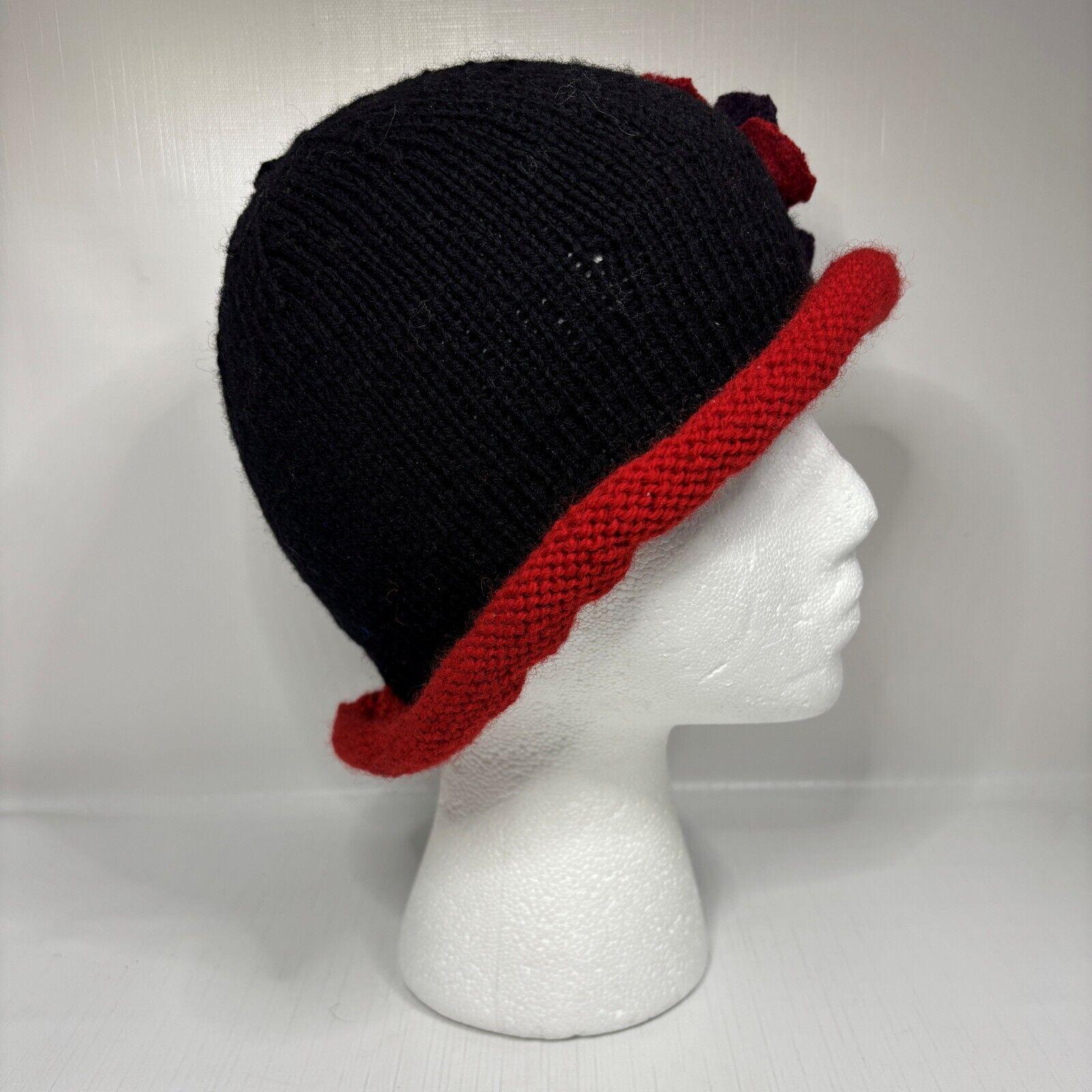Womens Knit Winter Cloche Hat Embellished Rolled Brim Boho Floral Handmade Womens Knit Winter Cloche Hat Embellished Rolled Brim Boho  main image 2