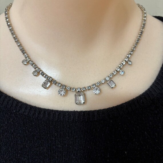 1950s Clear Rhinestone Choker Necklace Emerald Cu… - image 2