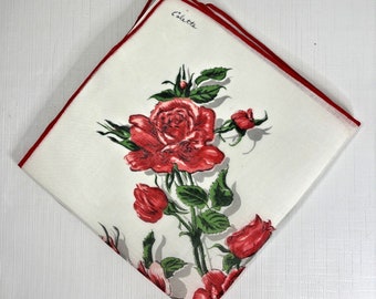 Signed Colette Hand Printed Handkerchief Roses Cottage Core Granny Vintage Linen