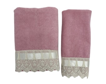 Vintage Avanti Hand Finger Tip Towel Floral Eyelet Ribbon Lace Pink Velour