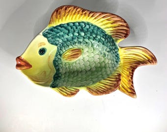 Vintage Tropical Fish Bowl Portugal Pottery Dish Hand Painted Island Ocean