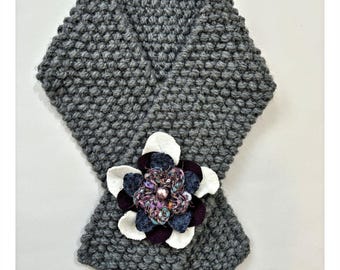 Boho Earthy Granola Cottage Womens Knit Scarf Gray Art to Wear Upcycled Textured