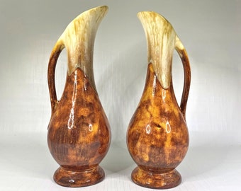 MCM Pottery Pitcher Vase Ewer Drip Glaze Orange Gold PAIR Vintage Mid Century