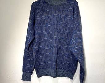 Vintage Mens Wool Sweater XL Geometric Knit 80s Preppy Academia Nerd Grandpacore