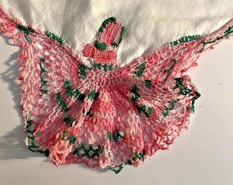 White Linen Crochet Lace Handkerchief Hanky Pink Green Vtg Granny Core Cottage