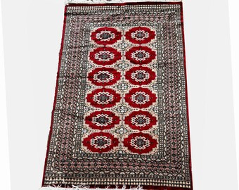 Vintage Wool Area Rug Pakistan Hand Knotted Red Medallion Fringe Vintage 4x6