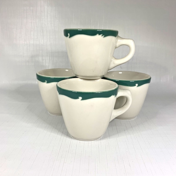 Set 4 Syracuse China USA Wintergreen Restaurant Ware Coffee Cup Mug Green Rim