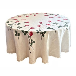 Vintage Linen Tablecloth 1950s Oval Red Long Stem Rose Cottage Core Farmhouse 
