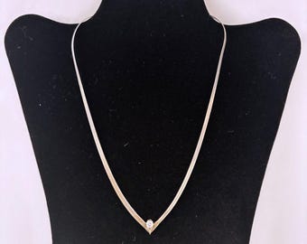 Y2K Vintage Sterling Silver Herringbone V Necklace Solitaire CZ Old Money