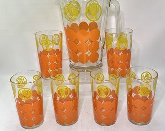Retro Orange Polka Dot Medallion Pitcher Drinking Glasses Tumblers Bird Wheat
