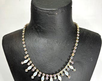 1950s Opal Aurora Borealis Rhinestone Chocker Necklace Vintage Cocktail
