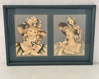 Vintage 40s Borin Art Products Framed Women In Hats Cottagecore Country