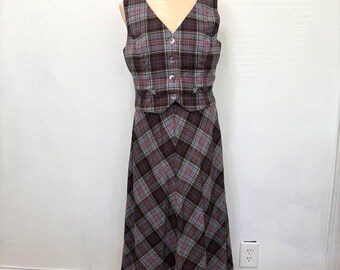 Womens Vintage Tartan Plaid Midi Skirt Vest Set Small Handmade 70s Retro Cottage