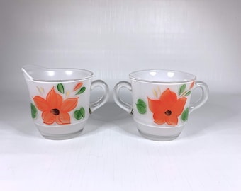 Mid Century 1960s Bartlett Collins Red Flower Glass Cream Sugar Vintage