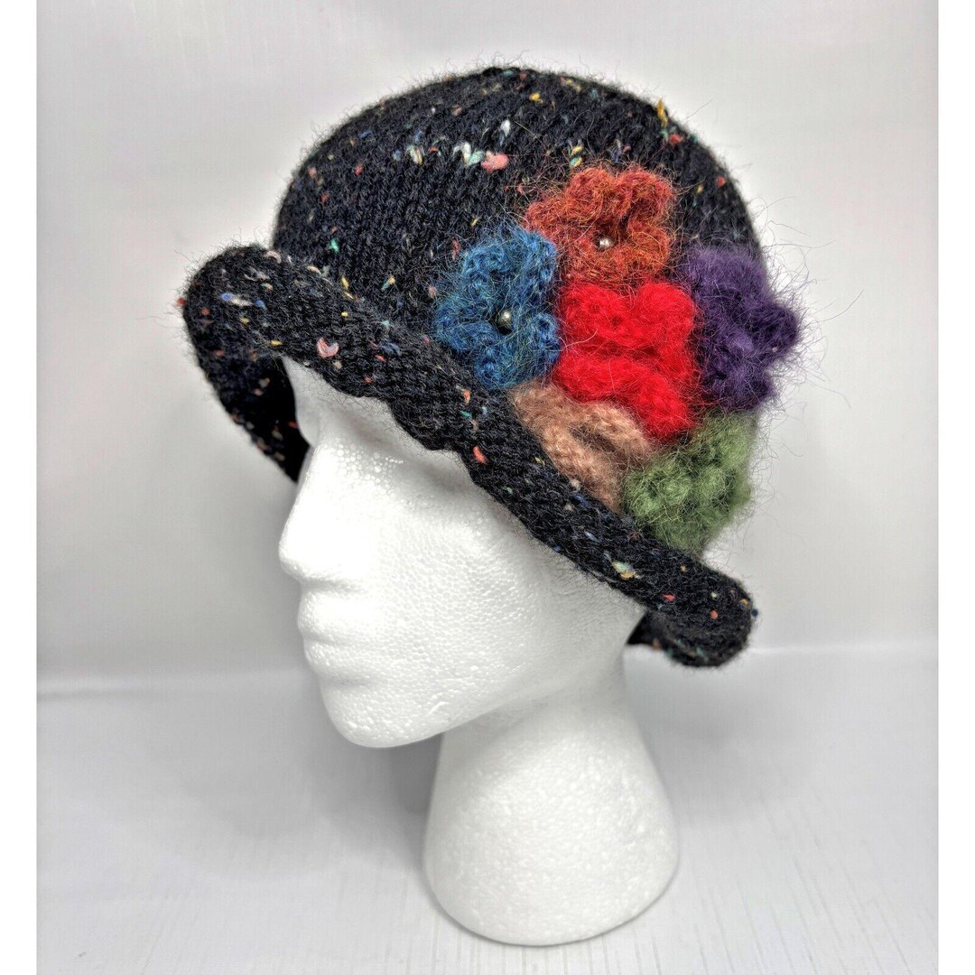 Black Knit Winter Cloche Hat Embellished Rolled Brim Boho 