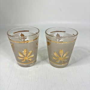 Libbey Gold Leaf Shot Glasses Folhagem Fosca Conjunto 2 Vintage Moderno de meados do século