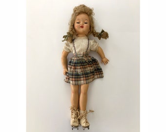 Vintage Toddler Doll Roller Skates Blue Eyes Plaid Dress Pigtails Composition