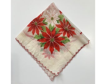 Linen Christmas Poinsettia Scalloped Handkerchief Cottage Core Granny Vintage