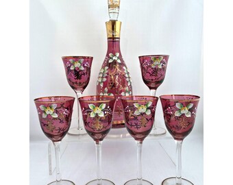 Vintage Bohemian Enamel Glass Decanter Wine Goblet Set Hand Painted Cottagecore