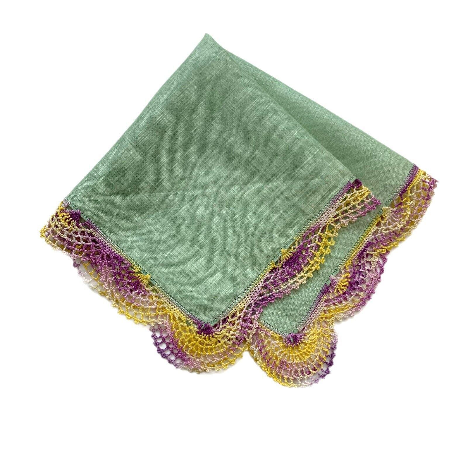 Green Linen Bridesmaid Wedding Handkerchief Crochet Lace Cottage Core Granny Vtg