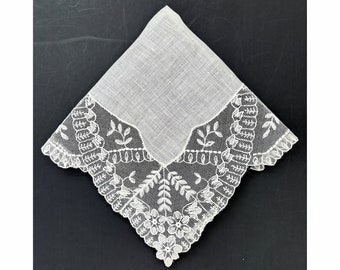 Embroidered Net Lace Wedding Handkerchief Antique Bride Victorian Cottage Vtg