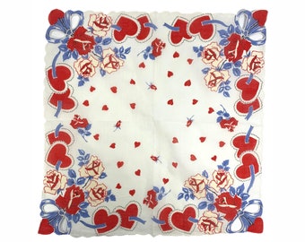 Vintage Valentine Handkerchief Hanky Mid Century Print Red Roses Hearts Bows Retro