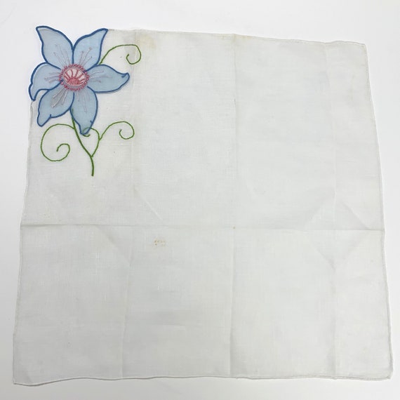 Vintage Blue 3D Appliqué Flower Handkerchief Hank… - image 2