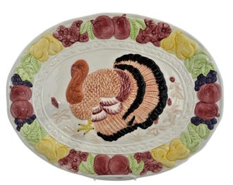 Thanksgiving Ceramic Turkey Platter Hand Painted Mid Century Raised Pattern Vtg