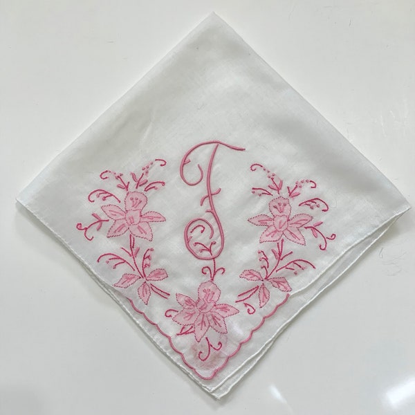 Vintage Pink Monogram Initial F Embroidered Rolled Edge Hankie Handkerchief 16”