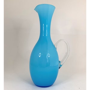 Vintage Blue Cased Glass Pitcher Hand Blown MCM Sleek Modern 10”