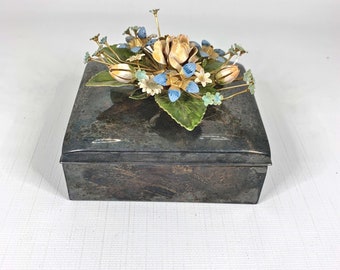 1970s Jane Hutcheson Gorham Silver Plate Enamel Floral Spray Covered Box DAMAGE
