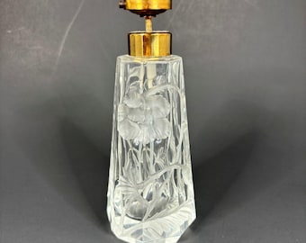 Moser Atomizer Perfume Bottle Intaglio Cut Floral Clear Glass Vintage