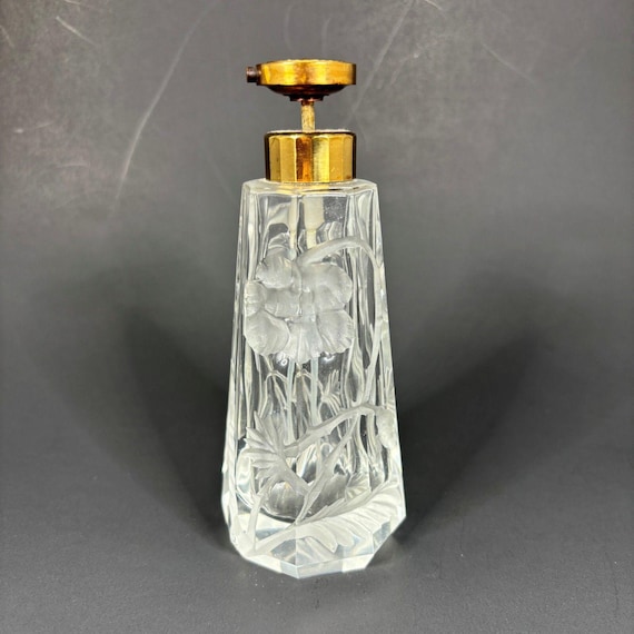 Moser Atomizer Perfume Bottle Intaglio Cut Floral Clear Glass