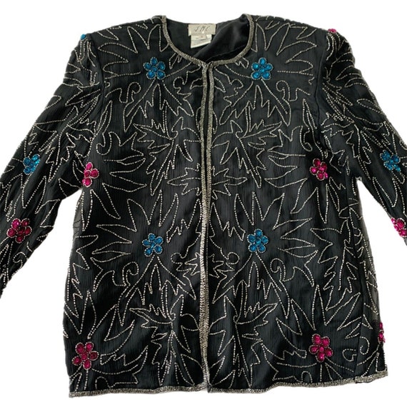 Silk Beaded Sequin Open Jacket Vintage 80s 90s Bo… - image 4