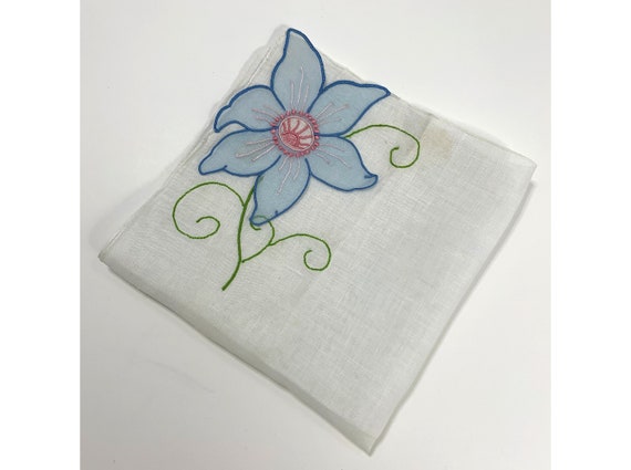 Vintage Blue 3D Appliqué Flower Handkerchief Hank… - image 1