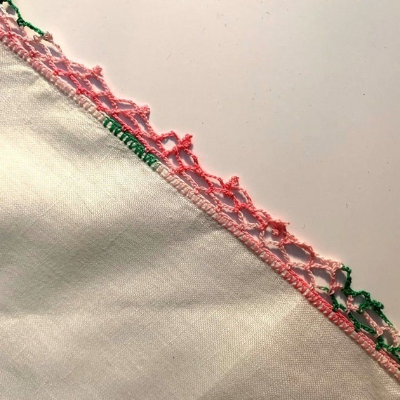 White Linen Crochet Lace Handkerchief Hanky Pink … - image 4