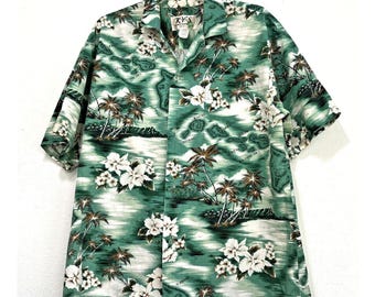 Vtg 90s KYS Hawaiian Mens Button Up Large Made USA Island Beach Tropical Travel